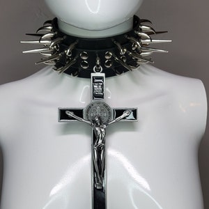Large Black Leather Collar, with Cat Claw and Large Cone Spikes, and Gothic Crucifix