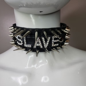 Slave, Spiked, Rhinestone Lettered, Leathered Collar