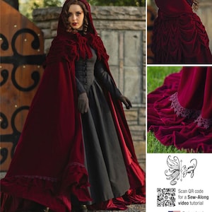 Può includere: Un mantello con cappuccio in velluto bordeaux e un vestito abbinato. Il mantello presenta un orlo a balze e dettagli intricati intorno al cappuccio. L'abito è nero con un corpetto aderente. L'immagine include il testo "Listing is for sewing pattern only."