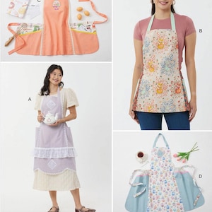 May include: A collage of four aprons, each with unique designs. One is peach with lace trim, another features a floral pattern, a third is lavender with lace, and the last is light blue with a patterned front. The aprons are for sewing patterns.
