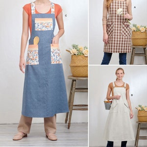 Peut inclure: Patron de couture pour trois styles d'tabliers différents. Les tabliers sont présentés dans une variété de tissus, dont un imprimé floral, un vichy et un tissu rayé. Le patron est conçu et imprimé aux États-Unis.
