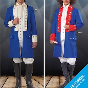 以下が含まれることがあります： 白のアクセント、シルバーのボタン、白いシャツが付いた青い歴史的なコートを着た2人。 コートには赤い袖口と襟が付いています。 画像には「Listing is for sewing pattern only」というテキストが含まれています。