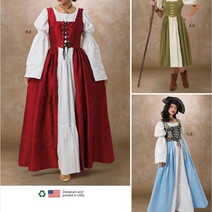 May include: Image of three medieval-style dress patterns. The main dress is red with a white center panel and a laced bodice. The other two dresses are green and blue, with white accents. The text "Listing is for sewing pattern only" is at the bottom.