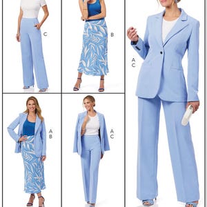 May include: A sewing pattern for a blazer, pants, and skirt. The pattern includes three different views: a blazer with a single button closure, wide-leg pants, and a skirt with a floral print. The pattern is for sizes A, B, and C.