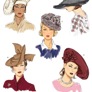 May include: A sewing pattern for five different styles of hats. The hats are shown on five different women, each with a different hairstyle and outfit. The hats are all made of different fabrics and have different embellishments. The pattern includes instructions for making each hat.