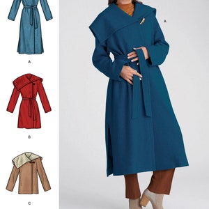 May include: A sewing pattern for a long, belted coat with a wide collar. The pattern includes three variations: a blue coat, a red coat, and a brown coat with a faux fur collar. The pattern is labeled "easy-to-sew".