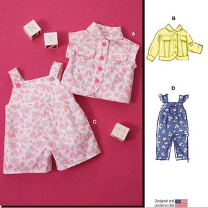 Puede incluir: Un patrón de costura para una chaqueta sin mangas con cuello y un peto corto, ambos con estampado floral rosa. La chaqueta tiene cierre de botones y dos bolsillos en el pecho. El peto tiene tirantes y un bolsillo delantero. Incluye las ilustraciones B y D.