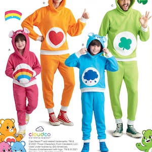May include: Sewing pattern for Care Bears costumes. The pattern includes three different bears: a rainbow bear, a cloud bear, and a clover bear. The pattern is for sewing only and does not include the fabric or other materials needed to make the costumes.