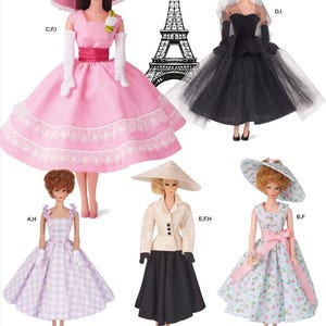 May include: Image features six fashion dolls in vintage-style outfits, including dresses and hats. The dolls are dressed in pink, black, and patterned dresses. The Eiffel Tower is in the background. The text reads "Clothes Fit Dolls 11 1/2 in./29cm" and "Listing is for sewing pattern only."