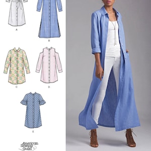 WZÓR DO SZYCIA SUKIENKI-KOSZULKI | Szycie odzieży damskiej | Duster Extra Long Short Button-Down Rozmiar 6 8 10 12 14 16 18 20 22 24 Plus 8546