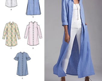 May include: Sewing pattern for a long shirt dress with different sleeve and collar options. The pattern includes five variations: a short-sleeved dress with a tie belt, a long-sleeved dress with side slits, a short-sleeved dress with a floral print, a short-sleeved dress with a plaid print, and a short-sleeved dress with a polka dot print. The pattern is from the American Sewing Guild.