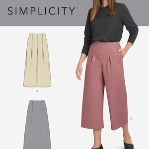 May include: A sewing pattern for wide-leg pants with pleats. The pattern includes three views: a cropped version, a longer version, and a skirt version. The pattern is for sizes 6-14.
