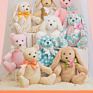 Puede incluir: Patrón de costura para hacer juguetes de peluche. El patrón incluye instrucciones para hacer un oso de peluche, un conejito y un perro. Los juguetes están hechos con diferentes telas y tienen diferentes diseños.