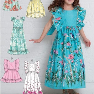 Könnte beinhalten: Nähmuster für ein Mädchenkleid mit Rüschenärmeln und einem gerafften Rock. Das Muster umfasst fünf verschiedene Kleidstyles mit verschiedenen Blumendrucken. Die Musternummer ist M773. Die Anzeige ist nur für das Nähmuster.