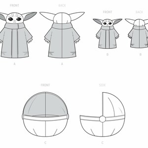 K&ouml;nnte beinhalten: Ein Schnittmuster f&uuml;r ein Babykost&uuml;m mit einem Charakter aus dem Star Wars-Franchise. Das Schnittmuster enth&auml;lt Anleitungen zum N&auml;hen einer Kapuzenrobe, einer kleineren Kapuzenrobe und einer Wiege. Das Schnittmuster ist mit den Buchstaben A, B und C gekennzeichnet.