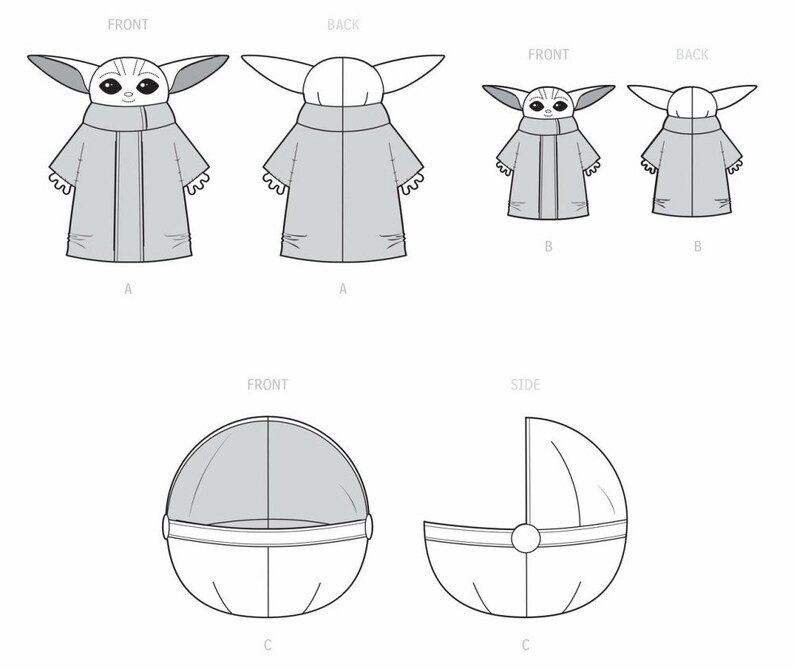 K&ouml;nnte beinhalten: Ein Schnittmuster f&uuml;r ein Babykost&uuml;m mit einem Charakter aus dem Star Wars-Franchise. Das Schnittmuster enth&auml;lt Anleitungen zum N&auml;hen einer Kapuzenrobe, einer kleineren Kapuzenrobe und einer Wiege. Das Schnittmuster ist mit den Buchstaben A, B und C gekennzeichnet.