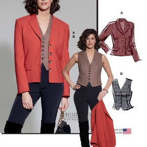 May include: A sewing pattern for a red blazer and a brown and black plaid waistcoat. The pattern includes instructions for both garments. The pattern is designed for women.