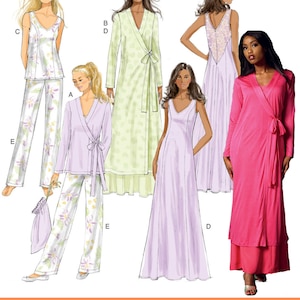 Op de afbeelding: Naai-patroon voor vijf verschillende stijlen nachtkleding. Het patroon omvat een lange badjas, een korte badjas, een lange nachtjapon, een korte nachtjapon en een pyjama. Het patroon is voor maten XS-XL.