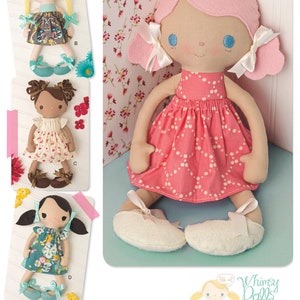 May include: A sewing pattern for making a whimsical doll. The pattern includes four different doll designs: a blonde doll with a blue dress, a brown-skinned doll with a white dress, a doll with black hair and a blue dress, and a pink-haired doll with a pink dress. The pattern is titled "Bit of Whimsy Dolls" and includes the text "Make 'em Love 'em".