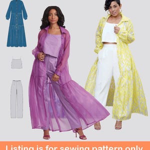 Puede incluir: Dos mujeres modelan diferentes atuendos. Una lleva un conjunto a rayas moradas con un abrigo largo transparente con volantes. La otra lleva un conjunto blanco con un abrigo largo amarillo estampado con volantes. Se muestran ilustraciones de patrones de costura.