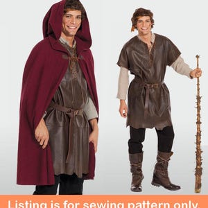 Puede incluir: Patrón de costura para una capa con capucha y una túnica. La capa es roja y la túnica es marrón. El patrón incluye instrucciones para hacer ambas prendas.