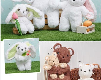 May include: A collection of plush bunny and bear stuffed animals in various sizes. The bunnies have long ears with patterned fabric inside. One bunny holds a tulip, another a bouquet of flowers, and another a basket of eggs. The bears are brown and tan. The text "Listing is for sewing pattern only" is at the bottom.