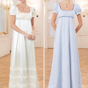 Puede incluir: Se muestran dos vestidos de estilo Regencia. Uno es blanco con ribete de encaje, el otro es de rayas azules y blancas. Ambos tienen escote cuadrado y mangas cortas abullonadas. El texto en la parte inferior dice "Listing is for sewing pattern only."