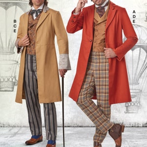 May include: Two men wearing long coats and hats. The man on the left is wearing a tan coat and striped pants. The man on the right is wearing a red coat and plaid pants. Both men are wearing vests and ties. The image is for a sewing pattern.