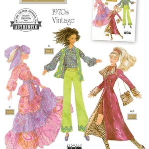 May include: A vintage Simplicity sewing pattern for 11 1/2 inch dolls. The pattern is titled "Savvy Seventies" and includes three different outfits: a long pink and purple dress, a green pantsuit, and a red coat with a leopard print lining. The pattern is from 1970 and is designed and printed in the USA.