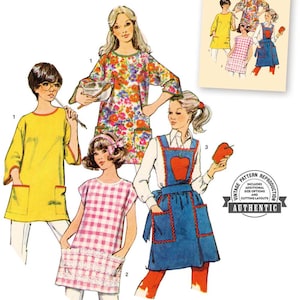 May include: Vintage 1970s Simplicity sewing pattern. The image shows illustrations of various aprons and tunics. The pattern includes size options and cutting layouts. The text reads "Listing is for sewing pattern only."