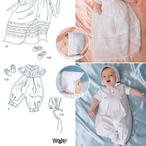 CHRISTENING SEWING PATTERN | Make Baby Boy Girl Clothes | Infant Clothing Gown Dress Romper Hat Bonnet |Size Preemie Newborn - L Babies 2457