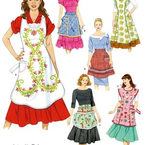 May include: A sewing pattern for six different apron styles. The aprons are all different colours and patterns, and some have ruffles or pockets. The pattern is designed by Teri.