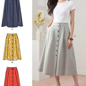 May include: A sewing pattern for a midi skirt with a button-up front. The pattern includes three different skirt styles: a denim skirt, a floral skirt, and a solid gray skirt. The pattern is shown on a model wearing a white t-shirt and brown sandals.