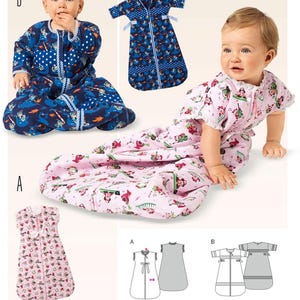 May include: Image of baby sleep sacks in blue and pink patterns, with a zip closure. The image includes a sewing pattern diagram and the text "Listing is for sewing pattern only."