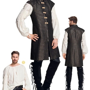 Puede incluir: Un patrón de costura para un chaleco de color negro y dorado con estampado, cuello alto y cierre de botones. El chaleco es sin mangas y tiene un estilo largo y ajustado. El patrón incluye instrucciones para hacer el chaleco.