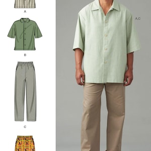 Puede incluir: Un patrón de costura para una camisa de manga corta con botones y cuello, y pantalones de corte recto. El patrón incluye ilustraciones de una camisa a rayas, una camisa verde lisa, pantalones grises y pantalones cortos estampados. Texto: Listing is for sewing pattern only.