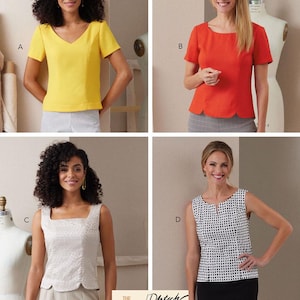 May include: A sewing pattern for four different tops. The tops are shown in yellow, red, white with silver sequins, and black and white gingham. The pattern is called "The Clement Pletch".