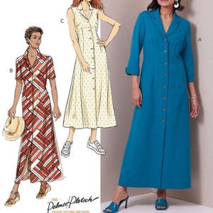 Op de afbeelding: Naaipatroon met drie jurk ontwerpen. Eén is een lange, knoopjurk in teal. Een andere is een mouwloze, knoopjurk in crème. De derde is een jurk met korte mouwen met een rood-wit geometrisch patroon. De tekst "Listing is for sewing pattern only" staat onderaan.