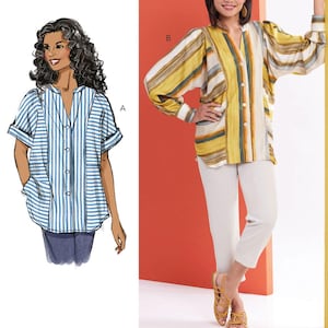 Può includere: Modello di cucito per una blusa larga a righe, con scollo a V e chiusura con bottoni. Il modello include due varianti: una con maniche corte e una con maniche lunghe a sbuffo. Il modello è illustrato con un disegno di una donna che indossa la blusa e una foto di una donna che indossa la blusa.