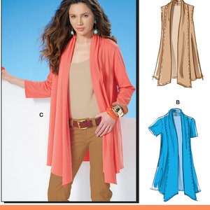 May include: Sewing pattern for a long, open-front cardigan with a draped neckline. The pattern includes three variations: a sleeveless vest in brown, a short-sleeved cardigan in blue, and a long-sleeved cardigan in coral.