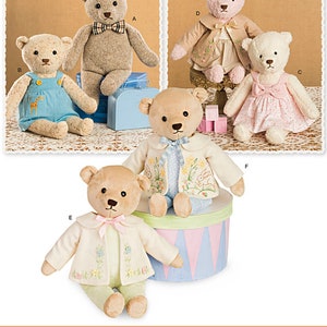May include: Sewing pattern for making six plush teddy bears. The bears are dressed in various outfits, including a blue overall, a pink dress, a brown jacket, and a white jacket. The pattern includes instructions for making the bears and their clothing.