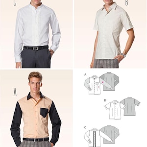 May include: A sewing pattern for three distinct shirt styles labeled A, B, and C. Style A features long sleeves and a chest pocket, B is a short-sleeve shirt, and C is a long-sleeve shirt with a pleated front placket. Text reads: Listing is for sewing pattern only.