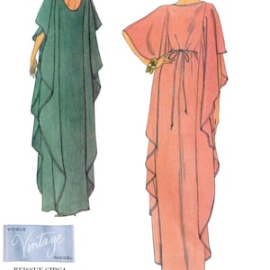 May include: A vintage sewing pattern for a long, flowing gown with a tie at the waist. The pattern is for a reissue of a 1979 design. The pattern is shown in two colours, green and pink.
