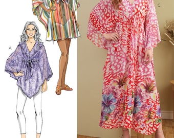 May include: A sewing pattern for a loose-fitting, long-sleeved tunic with a V-neckline and a tie at the waist. The pattern includes three variations: a short tunic with a striped print, a longer tunic with a floral print, and a tunic with a ruffled neckline.