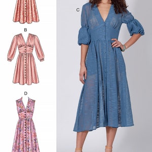 May include: Sewing pattern for a dress with a V-neck, button front, and three different sleeve options: short sleeves with ties, long sleeves, and sleeveless. The pattern is for sizes M7974.