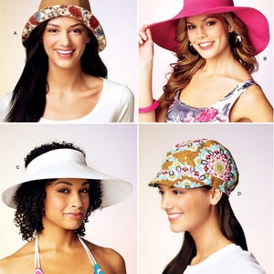 May include: A sewing pattern for four different styles of hats. The hats are shown on models wearing them. The hats include a brown and floral hat, a pink wide-brimmed hat, a white sun visor, and a brown and floral patterned hat.