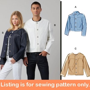 May include: A woman and a man model denim and white jackets. The woman wears a dark blue denim jacket over a striped shirt and white pants. The man wears a white jacket over a black shirt and dark blue jeans. The image includes illustrations of the jacket patterns.