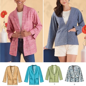 May include: Sewing pattern for a loose-fitting, open-front jacket with long sleeves and pockets. The pattern includes four variations: a pink jacket, a blue jacket, a green jacket, and a floral print jacket.