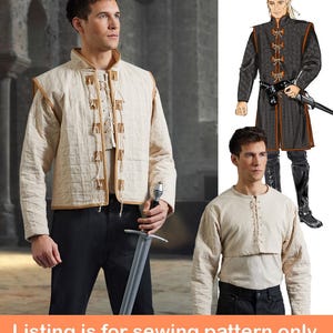 May include: Sewing pattern for a quilted, cream-colored tunic with brown lacing and a high collar. The pattern includes instructions for making a tunic with long sleeves and a fitted bodice.