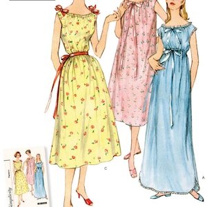 May include: Vintage 1950s sewing pattern featuring three dresses. The dresses are in yellow, pink, and blue, with floral patterns and ribbon details. The image includes the text "SIMPLE TO MAKE" and "Listing is for sewing pattern only."